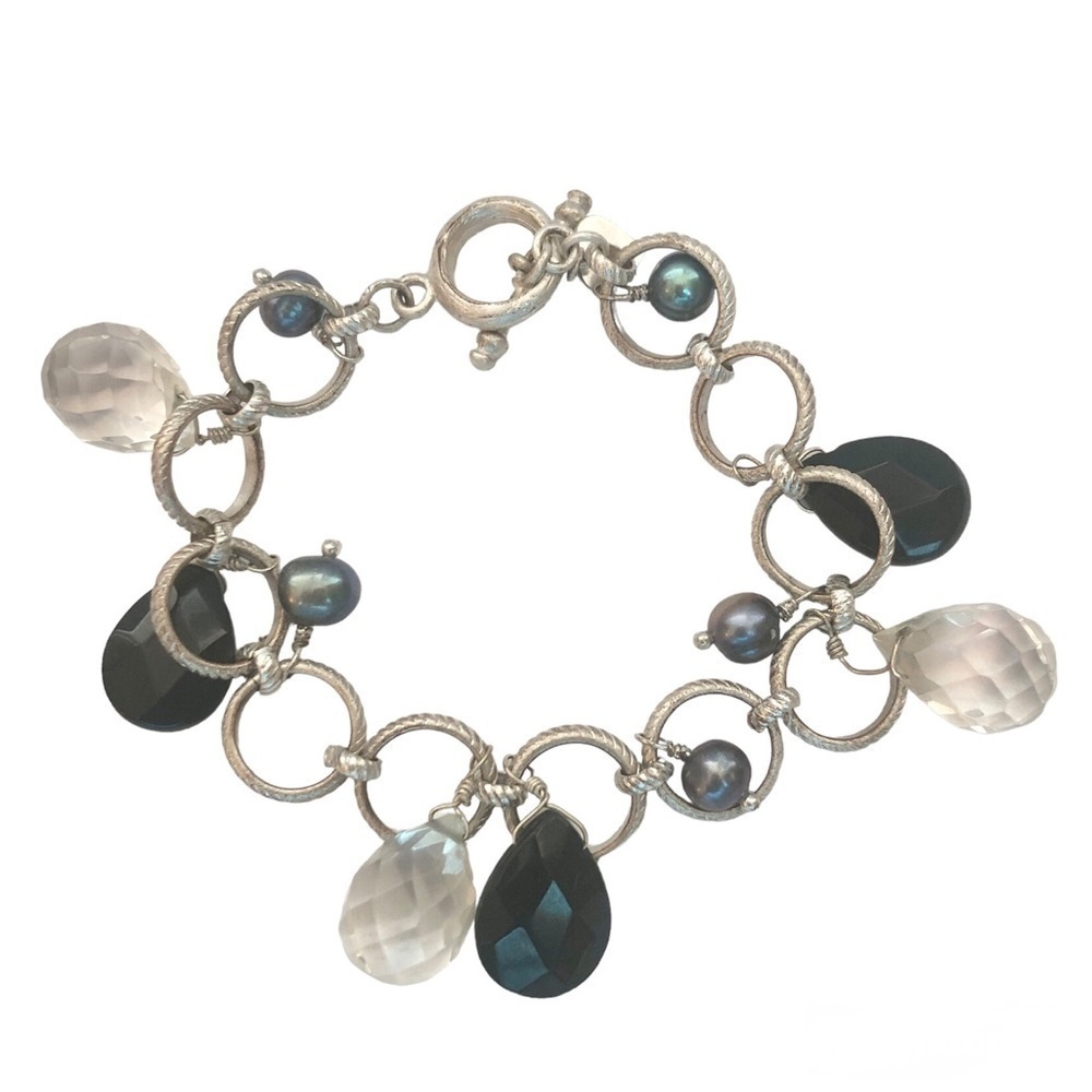 Mediterranean Silver Tone Beaded Link Charm Bracelet Shades of Grey Two-Tone